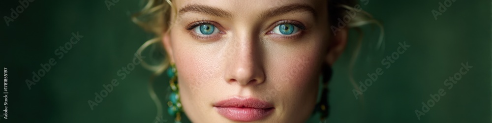 Obraz premium Alluring close-up portrait of a woman with striking blue eyes and freckles