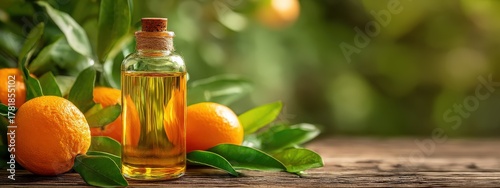 Bottle of mandarin or orange essential oil surrounded by fresh citrus fruits and leaves.