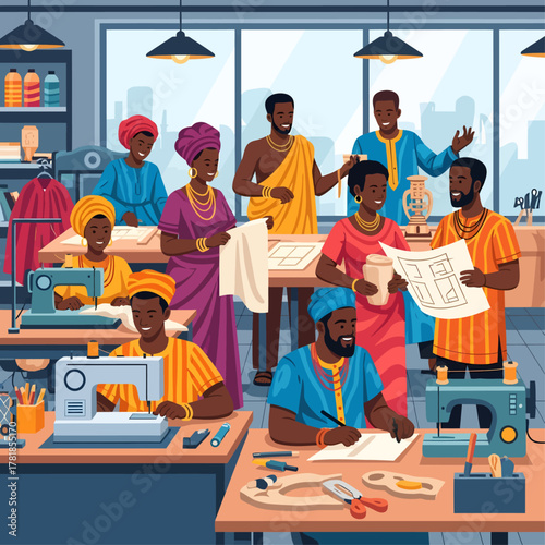 A vibrant African fashion workshop with designers and tailors collaborating on creating traditional clothing.