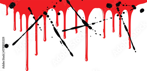 Red dripping paint with black splatters on white