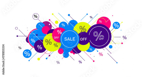 Vibrant abstract graphic design with a dynamic composition of colorful circles and percentage signs for a sales promotion