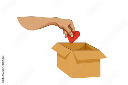 Hand Putting Heart into Donation Box, Charity Concept