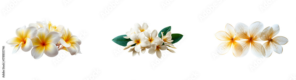Naklejka premium Group of white frangipani flowers with yellow centers on black