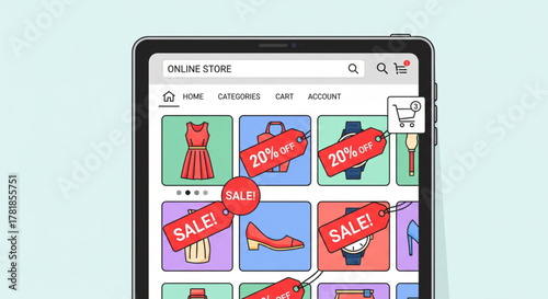 Online store sale event with red tags indicating discounts on various products like dresses, shoes, and watches