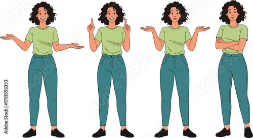 Cartoon woman with curly hair, expressive poses, body language, casual outfit, character design, emotion, gesture, standing, teal pants, green shirt