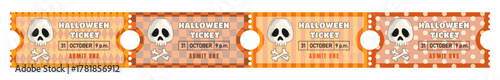 Skull and bones halloween tickets, coupons templates for event, holiday and party. Colorful vector illustration.