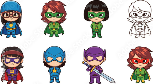 Cute superhero kids characters set, colorful cartoon boys and girls in costumes, fantasy heroes, vector illustration for comic design