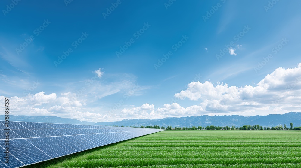 Fototapeta premium Solar panels installed on a green field under a bright blue sky with fluffy clouds, showcasing renewable energy and sustainable technology in a natural landscape