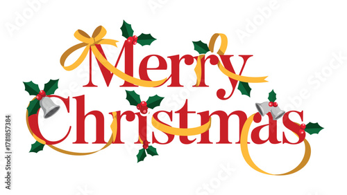 Holiday Greetings: A festive seasonal composition of Merry Christmas script is beautifully intertwined with ribbons and holiday embellishments, perfect for conveying warm wishes and festive cheer.