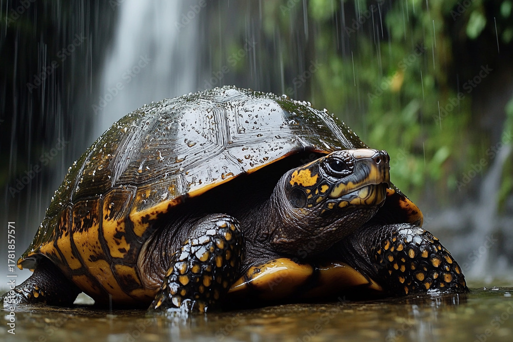 Fototapeta premium turtle resting near waterfall, its shell covered in glistening water beads
