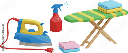 Ironing and laundry station illustration with electric iron, spray bottle, ironing board, and folded clothes in cartoon style