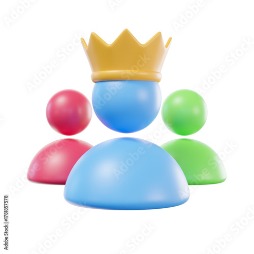 Stylized 3D rendering of a crowned blue figure leading a diverse team, symbolizing leadership, success, and hierarchical structure within an abstract group or community
