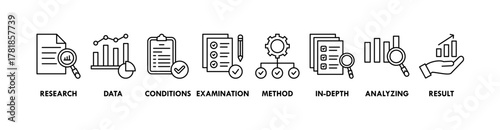 Case study banner web icon vector illustration concept with icon of research, data, conditions, examination, method, in-depth, analyzing, and result