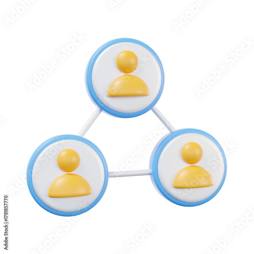 A 3D icon showing a social network with three connected people, symbolizing teamwork, communication, community, and organizational structure
