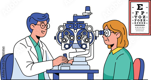 Optometrist conducting eye exam using phoropter with patient wearing glasses in clinic with Snellen chart on wall background