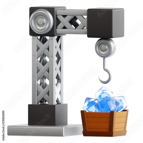 Modern 3D render featuring a tower crane extracting a wooden wagon full of shimmering blue crystal elements, symbolizing industry, mining, and economic value