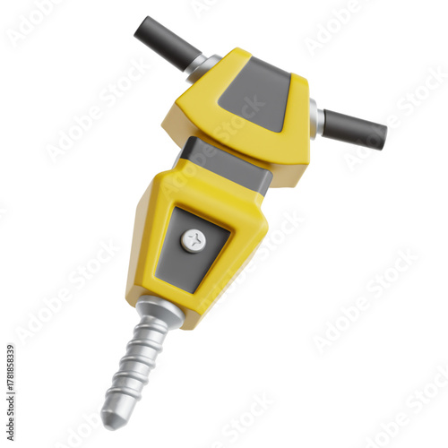 Detailed 3D icon of a yellow pneumatic jackhammer. Industrial power tool for heavy-duty construction, demolition, and breaking concrete, isolated on a white background