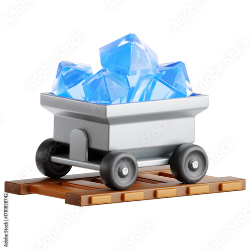 A 3D render of a silver mine cart filled with precious blue crystals on a railway track, symbolizing wealth, resource mining, and digital assets