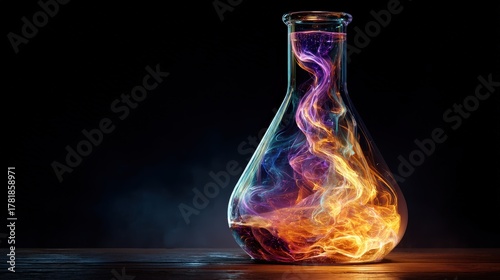 Dynamic Chemical Reaction Glowing in Yellow and Blue Inside a Transparent Erlenmeyer Flask