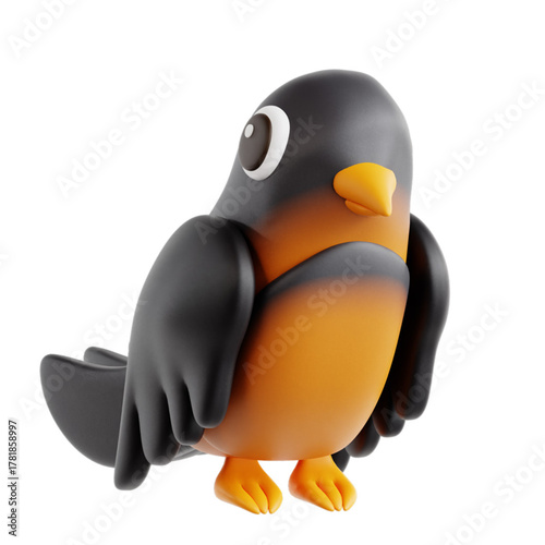 Adorable 3D rendering of a cartoon robin bird. A cute, stylized avian character with a glossy finish and an orange breast, isolated on a white background