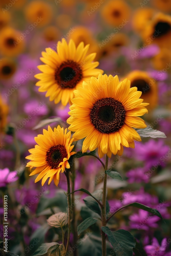 Obraz premium Vibrant Yellow Sunflowers Standing Out Against a Soft Floral Field: Summer Nature and Optimism