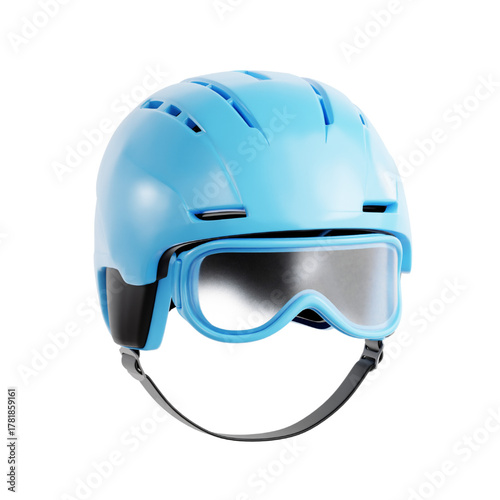 High-quality 3D render of a vibrant blue ski helmet with built-in clear goggles, designed for ultimate protection and style on the slopes, isolated on a pure white background