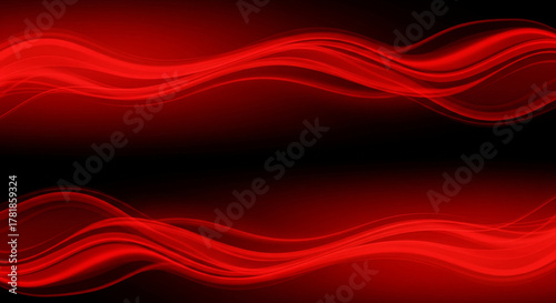 Dynamic and luminous red abstract waves flow gracefully across a deep black background, creating a vibrant and energetic visual symphony of light and motion
