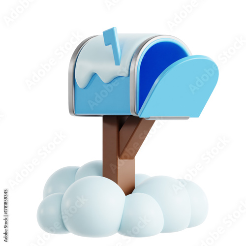 A charming 3D illustration of a blue mailbox with snow on top, resting on a wooden post surrounded by fluffy snowdrifts, perfect for winter communication themes
