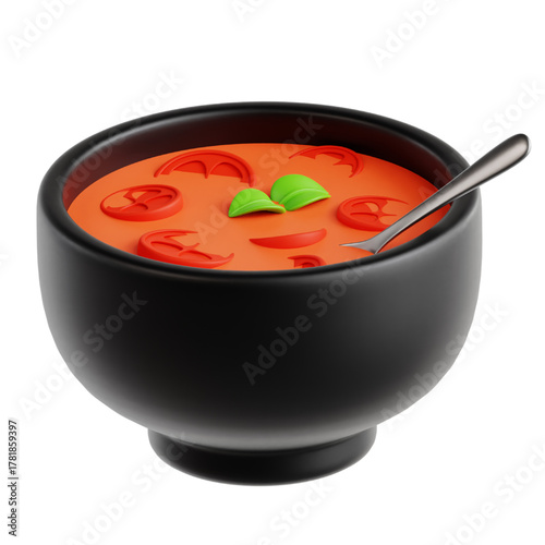 Warm and inviting 3D rendered tomato soup illustration in a sleek black bowl, garnished with fresh basil leaves and vibrant tomato slices, ready for a comforting and healthy meal presentation