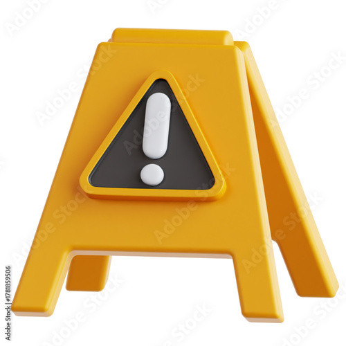 Caution Sign with Exclamation Mark 3D Rendered Floor Hazard Warning