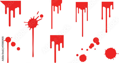 Red drips and splatter form a stark graphic pattern on white