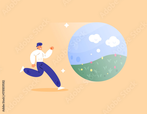 Illustration of a man running towards a portal. Employees or workers trying to achieve freedom. Going on vacation. Looking for peace and quiet. Concept or metaphor. Flat style. Orange background.