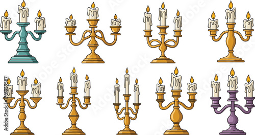 Set of eight artistic candelabra illustrations with lit candles in varied styles, colors, and arm designs for decorative use