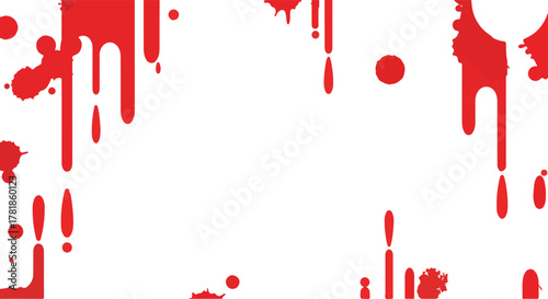 Red drips and splatters adorn a white backdrop