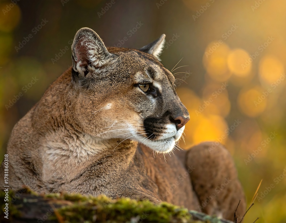 Naklejka premium A majestic cougar rests in profile, its gaze directed to the right. The animal's fur appears golden in the warm, diffused light