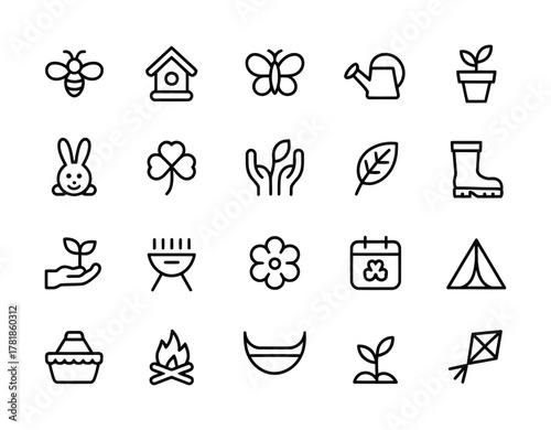 Spring nature gardening outdoor activity icons pack