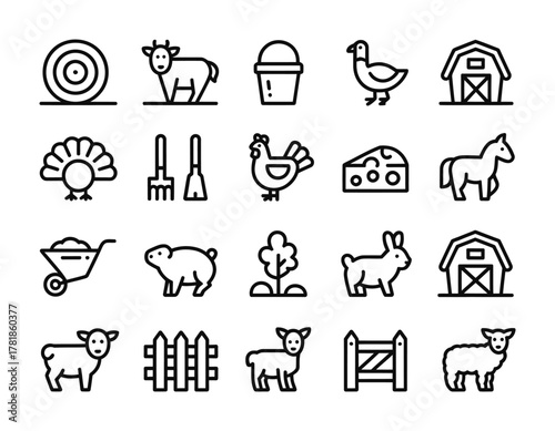 Farm agriculture animals village icons set