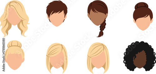 Set of eight illustrated female hairstyles showing diverse hair types, colors, and styles on faceless heads for fashion design