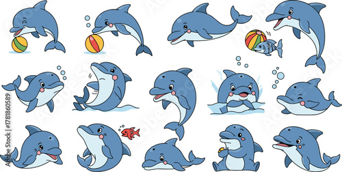 Set of fifteen cartoon dolphin illustrations showing playful poses, expressive emotions, and underwater activities in cheerful vector style