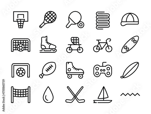 Sports activity fitness recreation equipment icons set