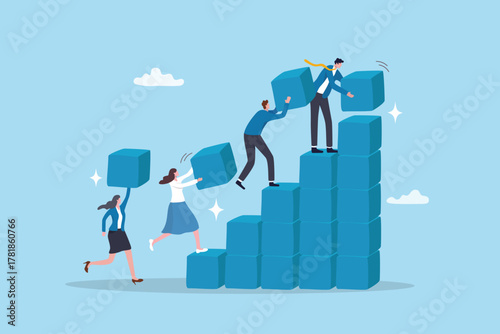 Motivation to build growth chart, effort or community cooperation, collaboration working together to help organization, contribution concept, businessman people help build growth chart and graph.