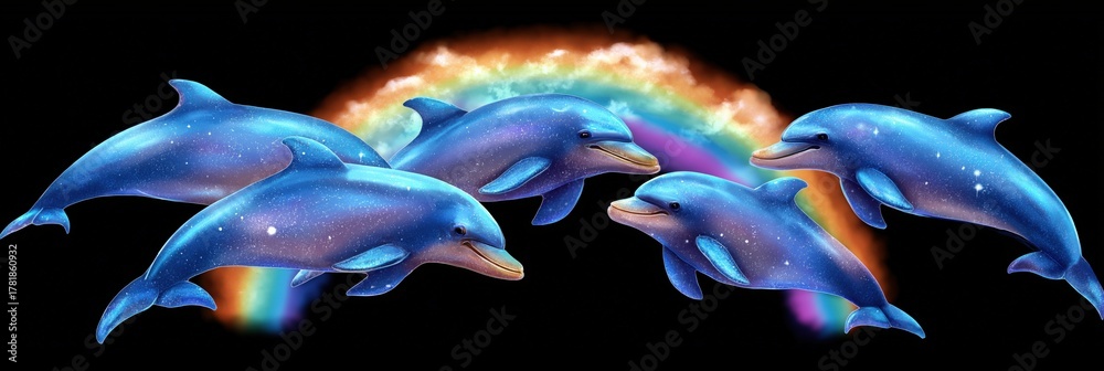 Obraz premium Five cosmic dolphins swim with rainbow in starry ocean scene