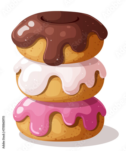Colorful Doughnut Stack Tower with Chocolate, Vanilla and Strawberry Icing Glaze. Sweet Dessert Illustration for Bakery, Café Menu or Packaging Design