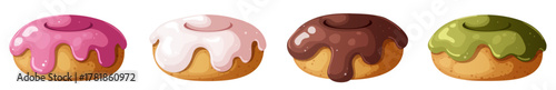 Assorted Donuts with Icing Glaze – Strawberry, Vanilla, Chocolate and Pistachio Pastries Isolated