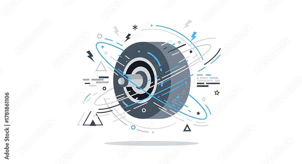 Obraz premium Abstract technological core illustration with orbiting elements and data lines, representing science, innovation, and digital analytics