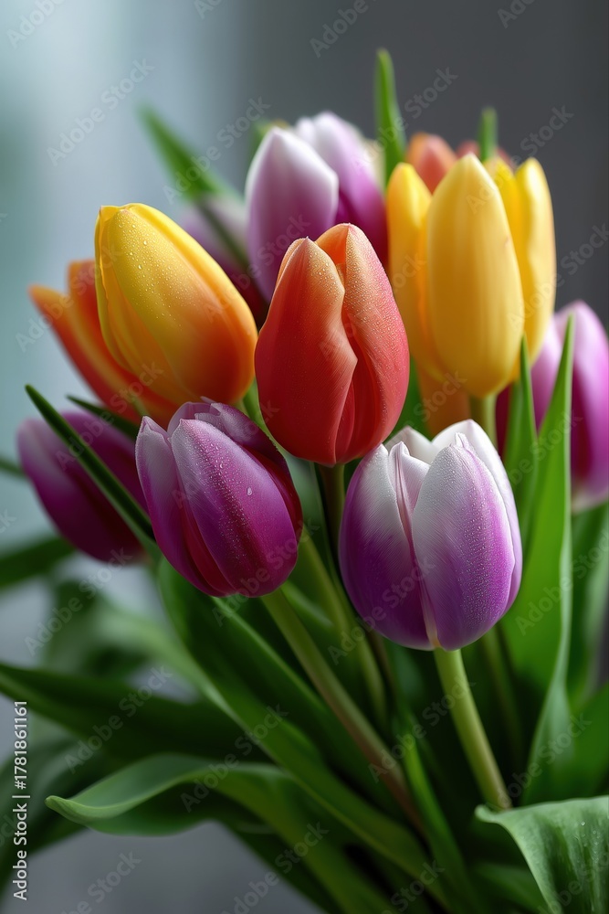 Obraz premium Vibrant multicolored tulips in full bloom with dew drops