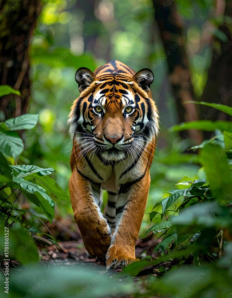 Obraz premium A majestic tiger approaches the camera in a lush, green forest environment, its orange and black stripes vibrant. The focus is on the animal's striking eyes