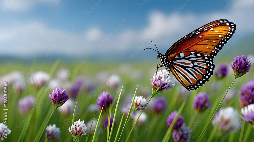 Naklejka premium Orange Monarch Butterfly Resting on Purple and White Wildflowers in a Lush Green Meadow Under a Blue Sky with Soft Clouds