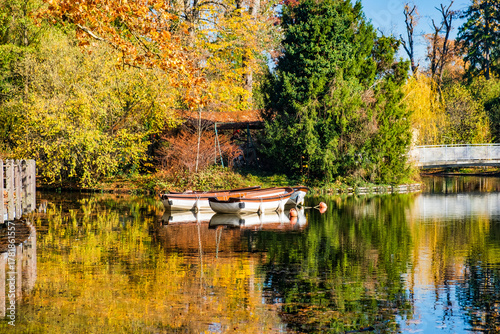 Boats on lake in Maksimir park in autumn ih Zagreb, capital of Croatia