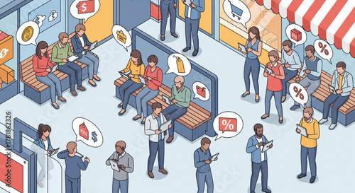 Isometric illustration of people using mobile devices for shopping and social interaction in a commercial space